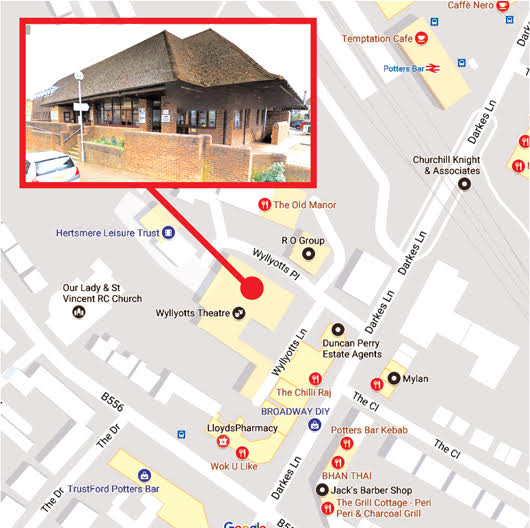 Map showing the location of Wyllyotts Theatre in Potters Bar, where we perform our pantomimes and May musical shows
